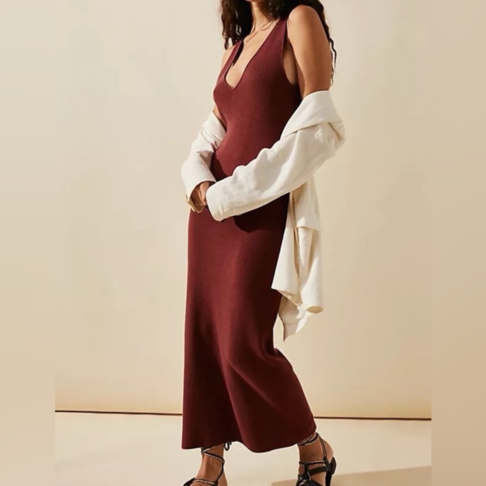 NWT Free People DANIELA Cinnamon Brown M Sheath Midi Dress V-Neck Low Back ($78)
